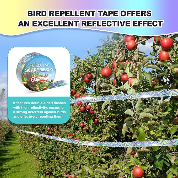 Bird Scare Tape Ribbon(524FT) - Reflective Tape for Birds - Keep Birds Away Outdoor - Scare Tape for Bird Control - Double Side Ribbon, Scare Geese, Pigeon, Duck, Woodpecke- Yard Decoration