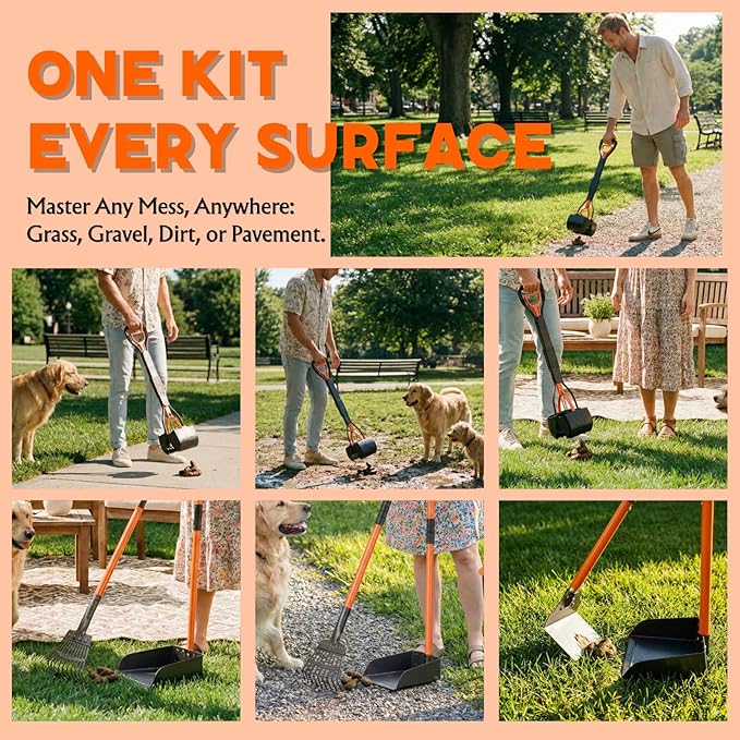 Pooper Scooper 6 Pack Set -INCL 15L Trash Can Outside, 20 Waste Bags, 38" Long Handle Dog Pooper Scooper Rake Tray Spade Set for Large Dog,OdorLock Step Can for no Touch Dog Poop for Grass/Gravel