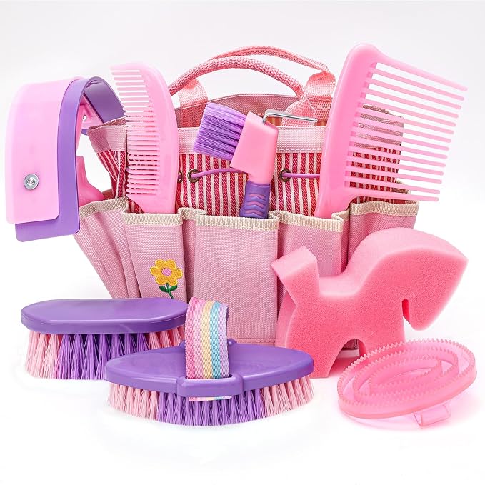 Horse Grooming Brush Kit, 9Pcs Horse-Brush Set with Organizer Tote Bag, Shower Brushes, Braiding Comb, Sweat Scraper, Hoof Pick, Shedding Massaging Tool Supplies for Riders Beginners, Pink