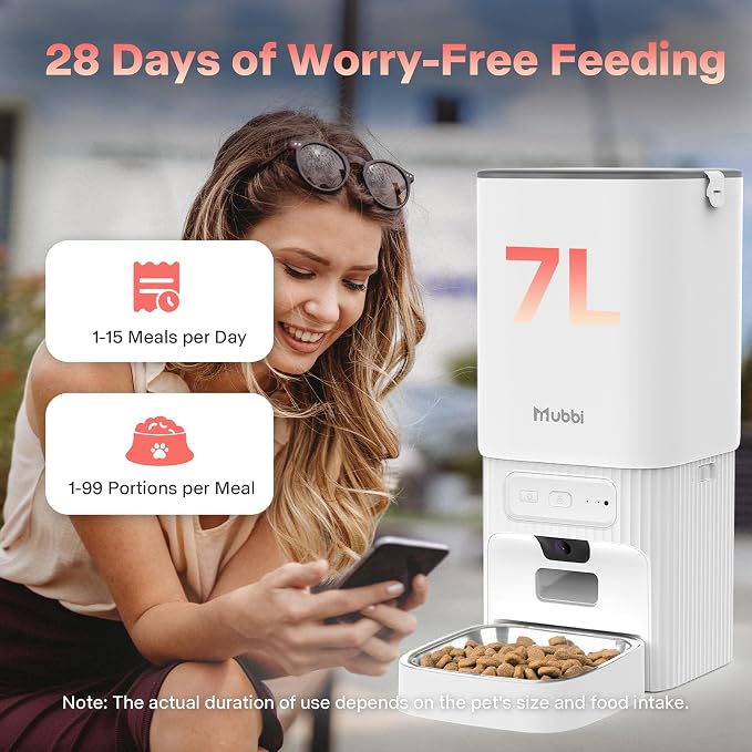 Automatic Cat Feeder with Camera - 5G WiFi Cat Food Dispenser with Night Vision, 7L Dog Feeder Automatic, 1-15 Meals, 1-99 Portions, 2-Way Audio, Jam Free, 10s Voice Recording, Timed Auto Pet Feeder