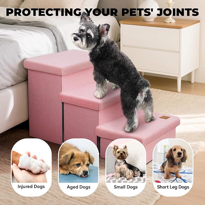 Zerbuger Dog Stairs with Storage, Pink Furry Lids 3 Steps Dog Ramp no Condo | 18" H Wider Dog Steps for High Beds Couch, Folding Storage Pet Stairs Gift for Climbing Small/Medium/Large Old Dogs Cats