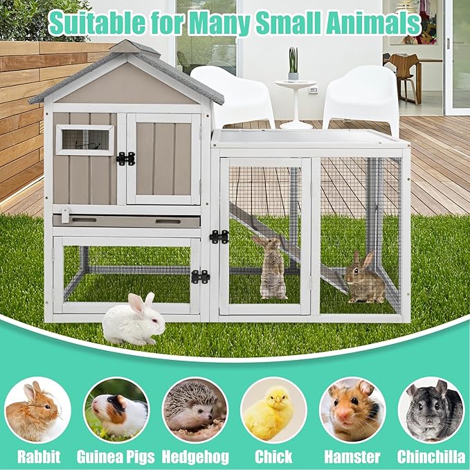 Gowoodhut 46.5" L Rabbit Hutch Indoor Outdoor Rabbit Cage with Run, Pull Out Tray, Asphalt Roof Large 2 Story Bunny Hutch Wooden Chicken Coop Guinea Pigs Pet House Cage for Small Animals,Grey