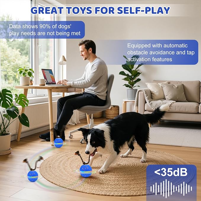 Interactive Dog Toy, Automatic Moving Dog Balls Smart Herding Ball for Dogs with Birdsong E-TPU Material, IPX7 Waterproof (Blue)