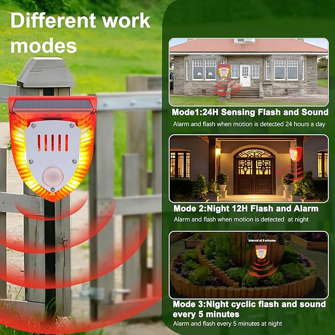 Solar Outdoor Motion Sensor Alarm - Dog Barking&Gunshot Sound 129db, Light Strobe Light Warning Lamp with USB, Motion Detector Noise Maker Warning Lamp for Home, Villa, Farm, Barn, Yard(4 Pack)