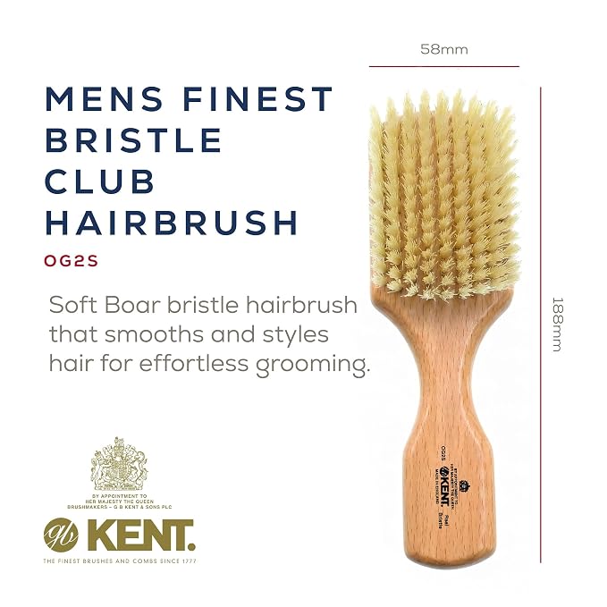 Kent OG2S Beechwood Soft Bristle Hair and Facial Brush for Beard Care - Exfoliating Soft White Natural Boar Bristle Brushs for Mens Grooming, Hair Care, and Beard Straightener Handmade in England