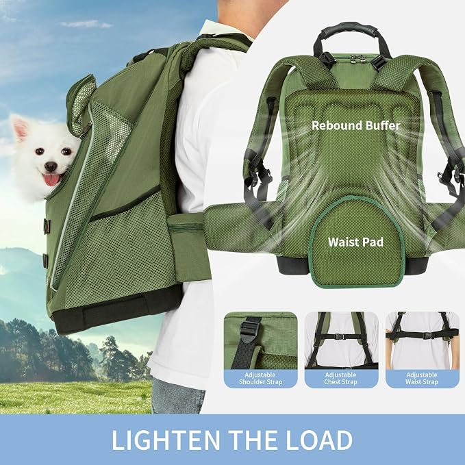 Petsfit Pet Dog Carrier Backpack with Upgraded Weight Reduction Design, Cat Dog Backpack with Large Ventilations, Easy-Fit for Traveling Hiking Camping for Small Medium Dogs and Cat, Green