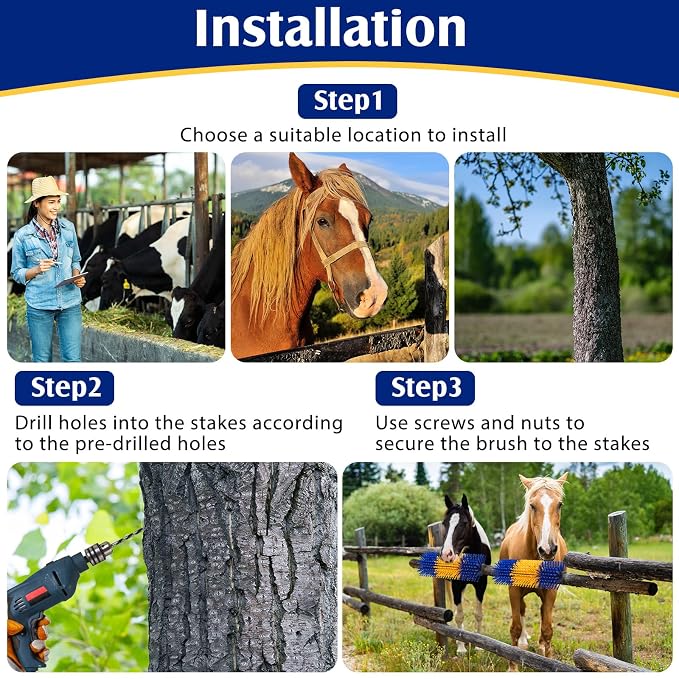 3 Pack Livestock Scratching Brush, Yellow and Blue | Animal Scratcher, Itch Relief Grooming, Horse Goat Cow Scratcher, Fence Post Mounting, Durable Bristles, Farm Livestock Care