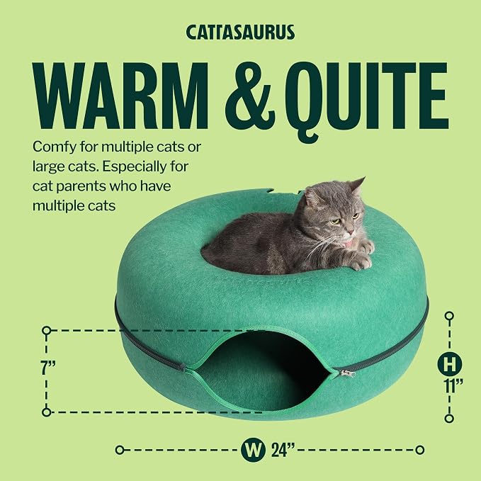 Peekaboo Cat Cave Donut for Multiple & Large Cats up to 30-45 lbs, 3-in-1 Self Warming Cat Bed, Tunnel & Scratcher for Indoor Cats, Washable & Detachable Dog Bed (Forest Green, Large)