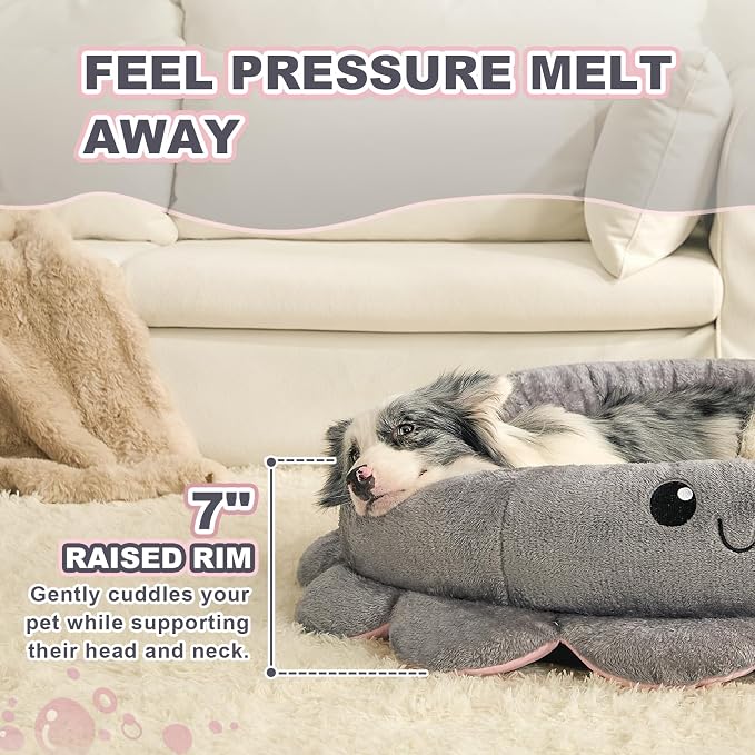Cute Calming Dog Beds Clearance for Large and Extra Dogs, Anxiety Bolster Dog Bed with Octopus Shape, Grey, XL, Boho, Round Pet Bed Cat with Removable Cushion