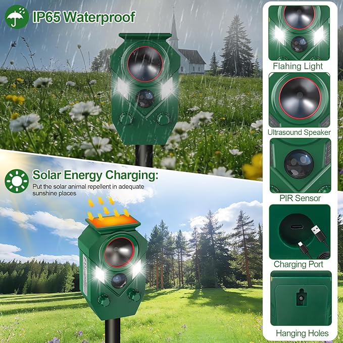 Ultrasonic Animal Repeller Outdoor - Cat Repellent & Deterrent with PIR Sensor & Flashing Light,Solar Powered Deer Repellent for Squirrels, Raccoons, Skunks,Rabbits,and Dogs, IP65 Waterproof (4 Pack)