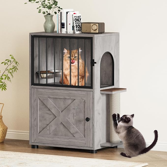 Dog Proof Cat Feeding Station, Dog Proof Cat Feeder, Cat Food Table, Gray | Cat Feeding Station with Scratching Post, Elevated Cat Food Bowls with Stand, Pet Food Storage Cabinet, Cat House