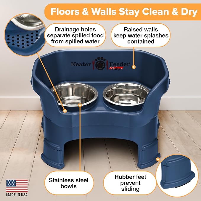Neater Feeder Deluxe Mess-Proof Elevated Dog Bowls for Medium Dogs (19–40 lbs), 2 Height Adjustable (10” & 12.5”) No-Spill Raised Dog Bowl Stand, Stainless Steel Food Bowl Set, Made in USA, Dark Blue