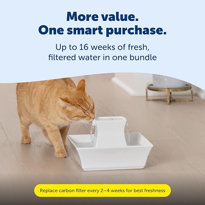 PetSafe Drinkwell Pagoda Fountain, 70 oz Ceramic, 4-Pk Filters Included | 2 Free-Falling Water Streams Encourage Hydration, Pet Water Fountain for Cats & Dogs, Includes 4 Carbon + 2 Foam Filters