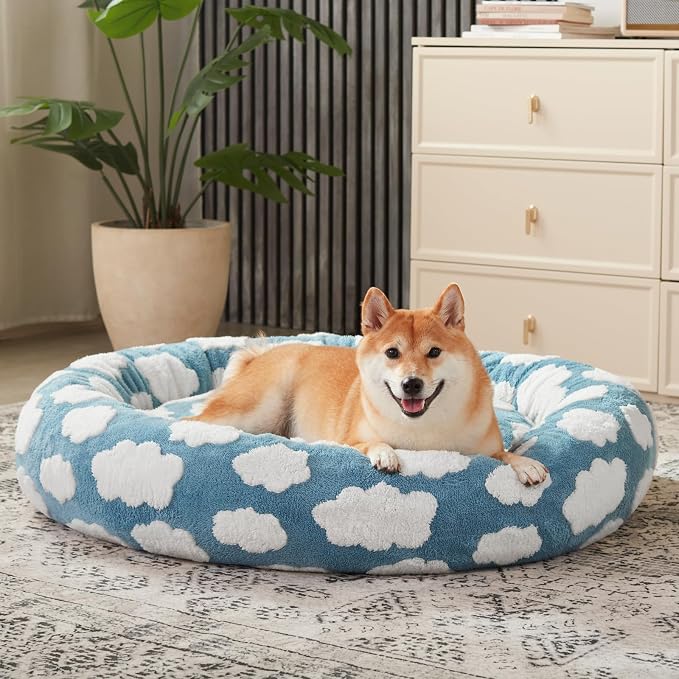 JOEJOY Jacquard Donut Round Small Dog Beds,Blue 23x23x7in, Removable Washable Cover, Cute Pattern, Ultra Soft Fluffy Calming Pet Bed with Thick Supportive Bolster