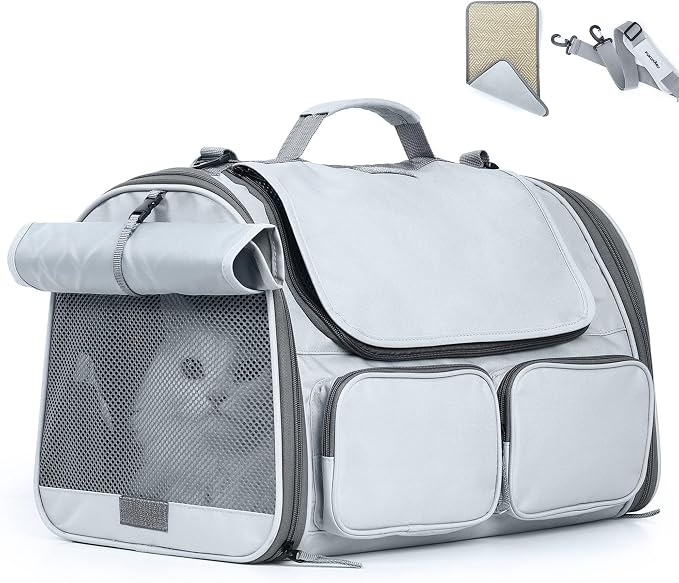 FUKUMARU Cat Carrier, Airline Approved Dog Carrier with Rollable Cover | Breathable Soft Cat Carrier, Multiple Doors & 4 Storage Pockets Cat Travel Bag, Durable Pet Carrier for Cat Under 15 lb, Grey
