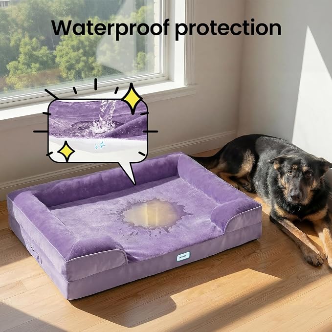 OhGeni Orthopedic Extra Large Dog Bed Couch, Memory Foam, 44-inch (Purple) | Waterproof Pet Bed with Machine-Washable Removable Cover & Soft Comfortable Fabric