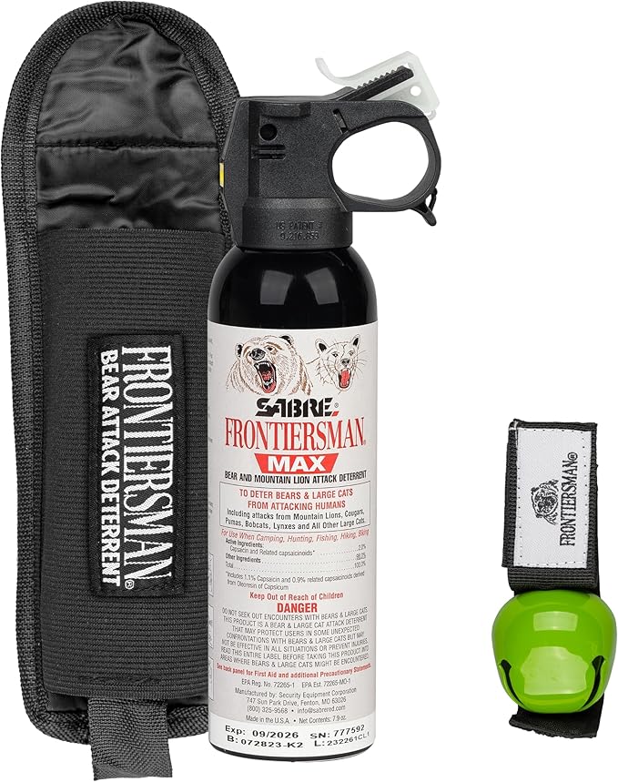 SABRE Frontiersman MAX Bear Spray Kit – 7.9 oz Bear & Mountain Lion Deterrent, Belt Holster, Bell, 40 ft Range, 2% Capsaicinoids, Glow Safety, Eco-Friendly, Hiking, Camping