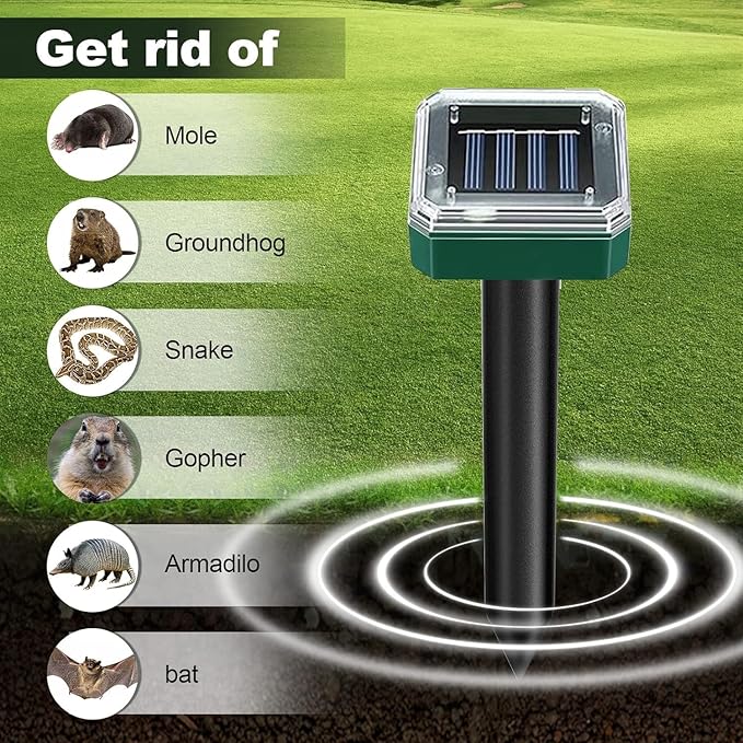 8 Pack Mole Repellent Solar Powered for Lawns Snake Repellent for Yard Gopher Trap Groundhog Vole Repellent Ultrasonic Spike Outdoor Waterproof Sonic Chipmunk Rodent Burrowing Animals Deterrent Stake