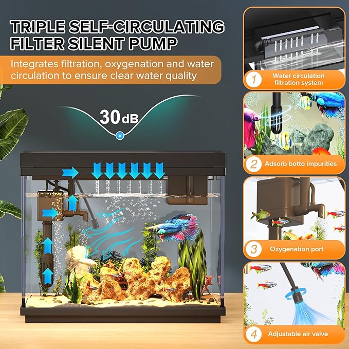 Vehipa Fish Tank 2.4 Gallon Aquarium with Heater, 3-in-1 Silent Pump with Filteration & Oxygenation & Circulation, 7-Color Timer Cycle Light, Temperature Display, Humidifier, HD Glass Fish Bowl
