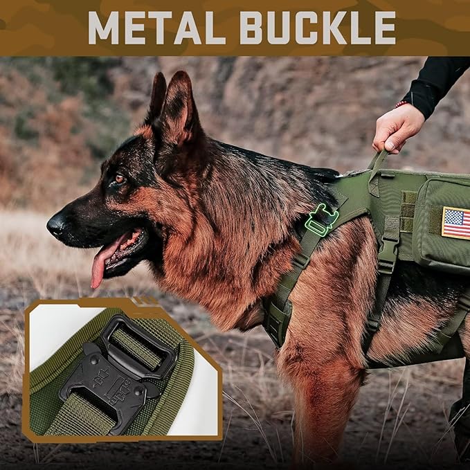Forestpaw Tactical Dog Harness for Large Dogs,Tactical Dog Collar with Bungee Leash Set,No Pull Military Dog Harness for Walking Training,Adjustable for Medium Large Dogs,Green,Chest 27-40"