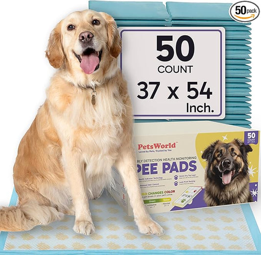 PetsWorld Health Monitoring Dog Pee Pads 37"x54" 50 Count – XXXL Color-Changing Pet Pee Pads for Dogs & Pets, Leak-Proof Super Absorbent Dog Training Pads with Odor Control