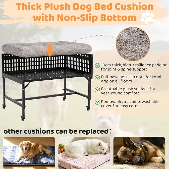 Beside Dog Bed,2 Panels Adjustable Height Dog Bunk Beds,47.2”x30.7” Metal Frame & Cushion, Converts to Bunk Bed or Bed Extension Attachment for Human Bed, for Large Breeds