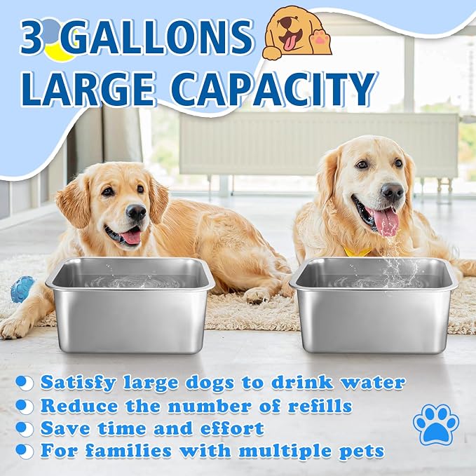 2 Pcs 3 Gallons Extra Large Dog Water Bowl, Durable Reusable Stainless Steel Dog Bowl, High Capacity Water and Food Bowl for Household with Multiple Large Dogs Indoor Outdoor