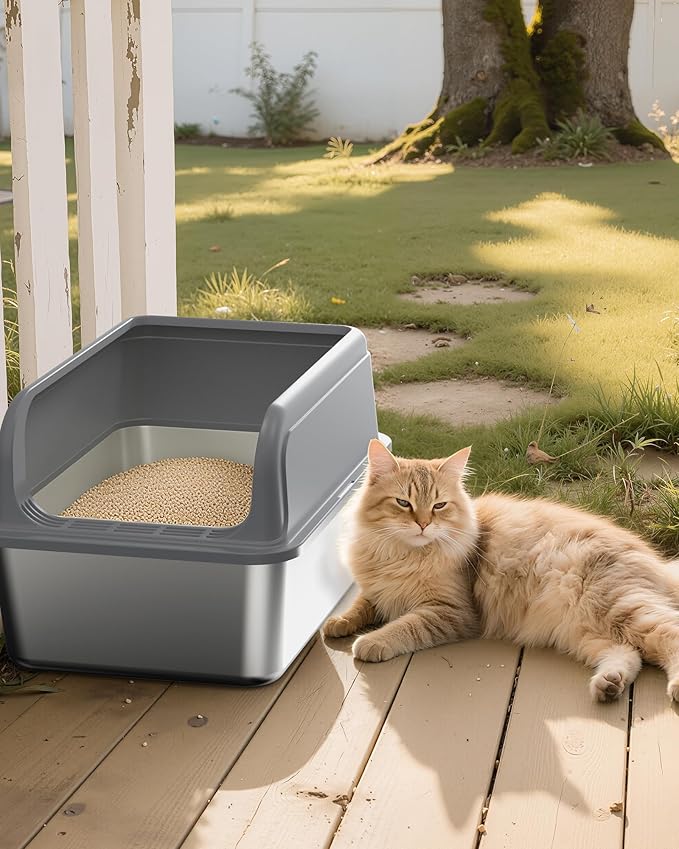 Powools Stainless Steel Cat Litter Box, Metal Litter Box with Scoop, High- Sided, Anti-Leakage Top Entry, Non-Sticky, Easy to Clean, 8-Inch Splash-Proof Deep Pan, Grey, XXL (1 Pack)