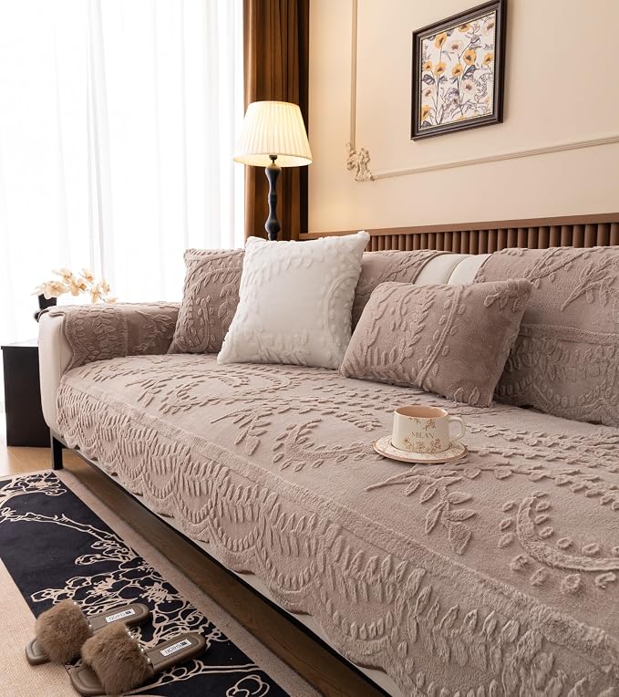 Fuzzy Rabbit Plush Sofa Cover Cozy Warm Sofa Couch Covers with 3D Jacquard Leaf Pattern Non-Slip Easy-to-Install Shaggy Sofa Slipcover Prefect for Kids Dogs Cats Cats(Cream Coffee,36"x94")