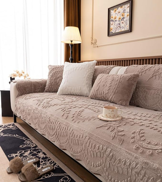 Fuzzy Rabbit Plush Sofa Cover Cozy Warm Sofa Couch Covers with 3D Jacquard Leaf Pattern Non-Slip Easy-to-Install Shaggy Sofa Slipcover Prefect for Kids Dogs Cats Cats(Cream Coffee,36"x70")