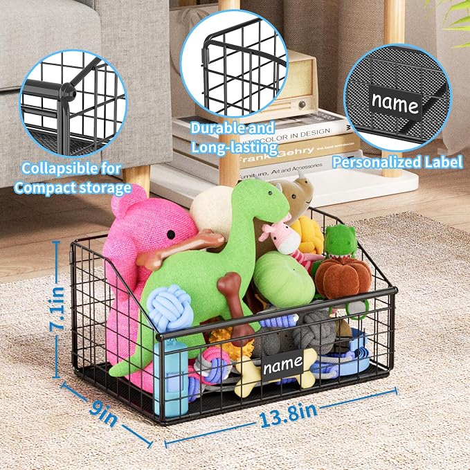 Kaiferty Indestructible Dog Toy basket, Small Toy Box for Dogs, Pet Toy Bin Dog Metal Basket for Toys, Toy Storage Organizer, Cat Toy Box for Living Room Area(Black)