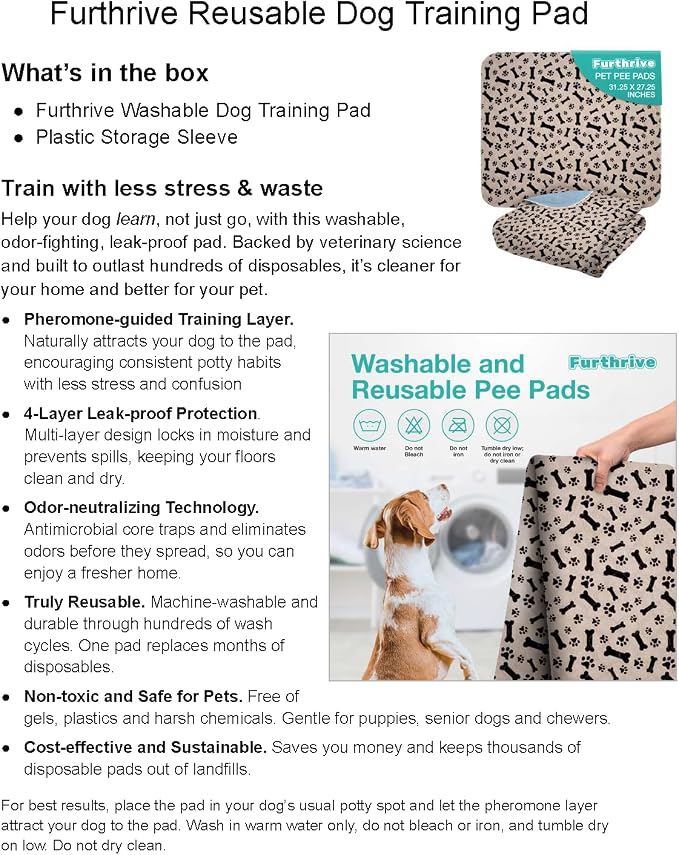 Furthrive Washable Pee Pads for Dogs with Pheromone Attraction, Reusable | Reusable Puppy Pads, Waterproof Non-Slip Training Pad 31.25 x 27.25 in, Pet-Friendly for Crates, Apartments (One Unit)