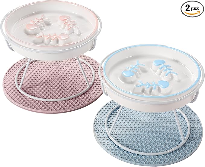 Ceramic Elevated Cat Bowls Set, Anti Vomit, Removable Dishes, Pink & Blue | Removable Ceramic Bowls Elevated Anti Vomit Food & Water Feeding Pink & Blue Set