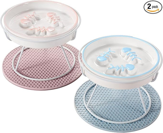 Ceramic Elevated Cat Bowls Set, Anti Vomit, Removable Dishes, Pink & Blue | Removable Ceramic Bowls Elevated Anti Vomit Food & Water Feeding Pink & Blue Set