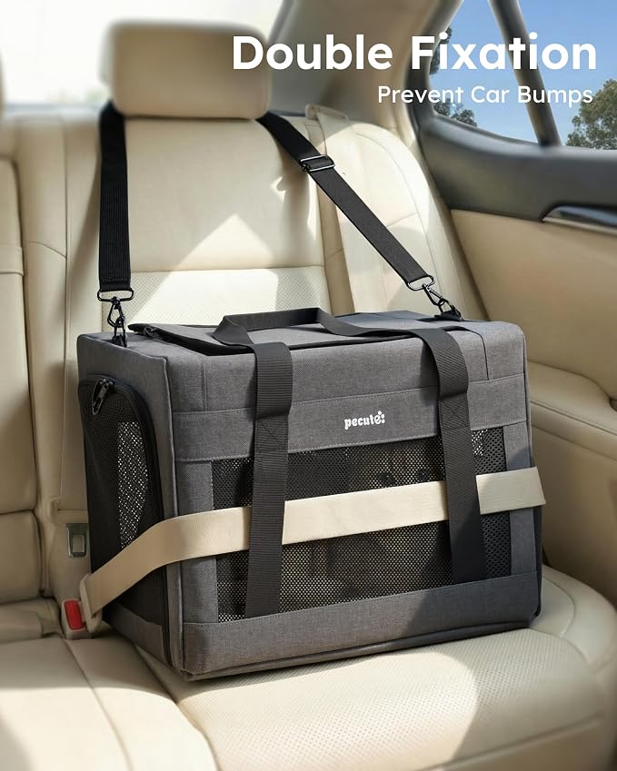 Pecute Cat Carrier, Portable Travel Dog Carrier with Stable Structure, Grey | Larger Space, 360° Ventilation & Comfort, Escape-Proof, for Travel / Car Trips / Vet Visits, Fits Cats up to 11 lbs