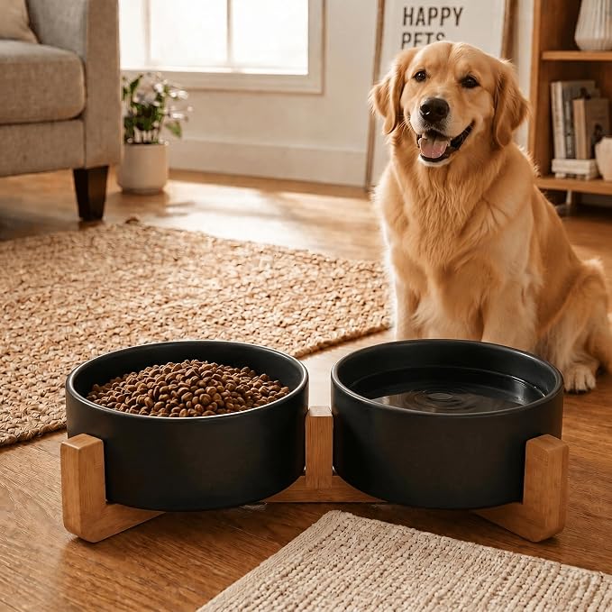 SPUNKYJUNKY Ceramic Dog and Cat Bowl Set with Wooden Stand, Modern Cute Weighted Food Water Bowl Set for Medium to Large Size Dogs (42 OZ, 2 × Black)
