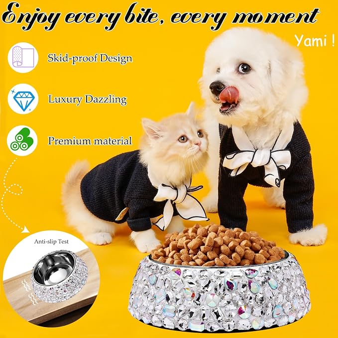 SlowVibes Sparkle Stainless Steel Dog Cat Bowl, Detachable, 7oz | Big rhinestone metal food or water bowl for small dogs and cats, rust-resistant non-slip puppy dish, sparkle pet essential