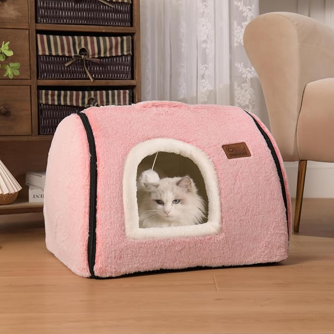 cat Bed cave-cat beds for Indoor Cats,Soft and Comfortable Cute cat Bed，cat House,with Removable Washable Cushioned Pillow,Enclosed pet Bed,Kitty pet hut、Hideaway,Small Large Dog Tent (Pink)