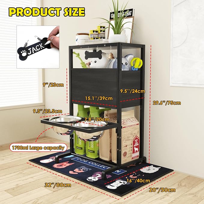 Elevated Dog Bowls, Height Adjustable Raised Dog Bowl Stand (4.5'' to 12''), Organizer Bowl Holder for Large Medium Dogs