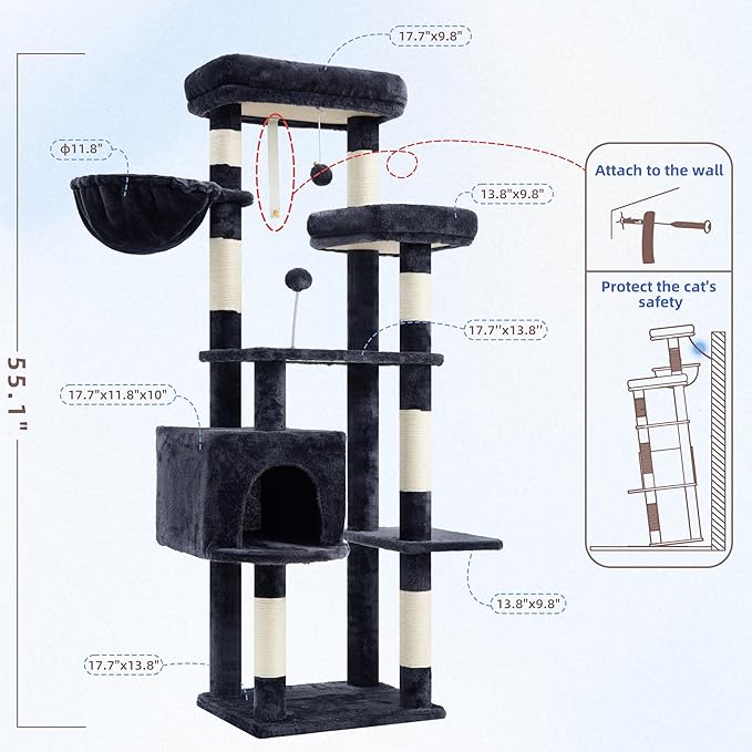 Gitelsnour Cat Tree for Indoor Cats, 55.1 inch Cat Tower with 7 Sisal Scratching Posts, Multi-level Cat Condo wit Large Play Platform Furry Ball, Cat Cave, 2 Padded Perches, Basket, Smoky Gray GCT013G