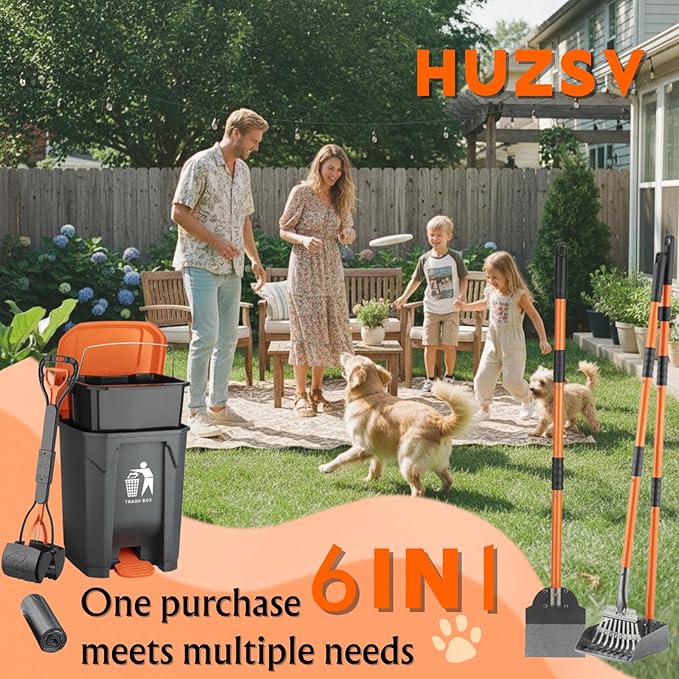 Pooper Scooper 6 Pack Set -INCL 15L Trash Can Outside, 20 Waste Bags, 38" Long Handle Dog Pooper Scooper Rake Tray Spade Set for Large Dog,OdorLock Step Can for no Touch Dog Poop for Grass/Gravel