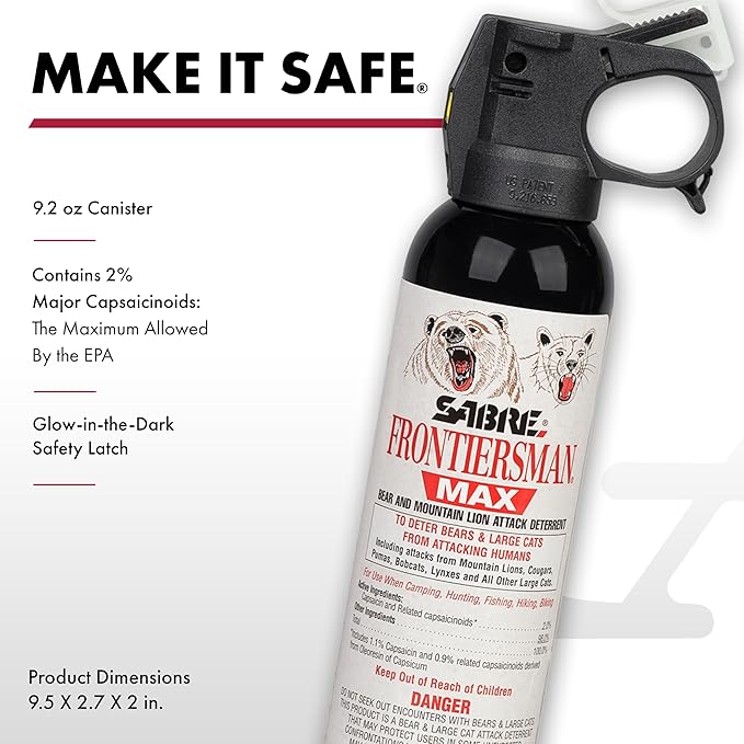 Sabre Frontiersman MAX 9.2 oz. Bear & Mountain Lion Attack Deterrent, Up to 40 ft Range, Contains 2% Major Capsaicinoids + Frontiersman Bear Horn (FBH-LT-AMZ) Kit, Glow-in-The-Dark Safety