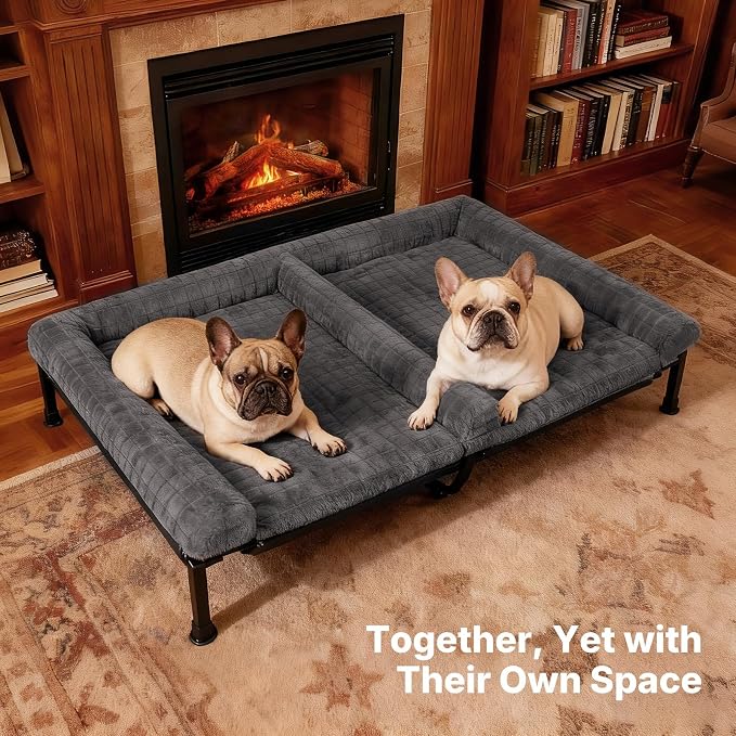 Veehoo Plush Double Dog Couch Bed for 2 Dogs, Washable Elevated Dog Bed | Cooling Raised Pet Cot with Removable Bolster Cushion, Breathable Mesh, No-Slip Feet, 48 x 37 inches, Grey