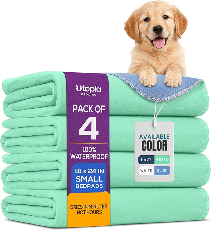 4 Pack Washable Pee Pads for Dogs 18" x 24", Waterproof Dog Training Pads | Reusable Dog Training Pads for Sofa, Incontinence Bed Pads for Adults, Elderly and Kids (Green,Blue) by Utopia Bedding