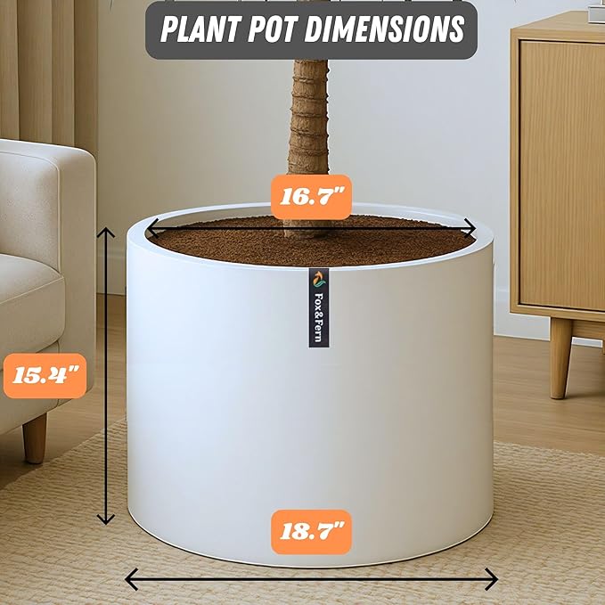 Fox & Fern Large Indoor Planter, Modern Large Plant Pot for Indoor or Outdoor, UV and Frost Resistant - 18.7 Inch, Matte White Flower Pot with Drainage Plug, Lightweight