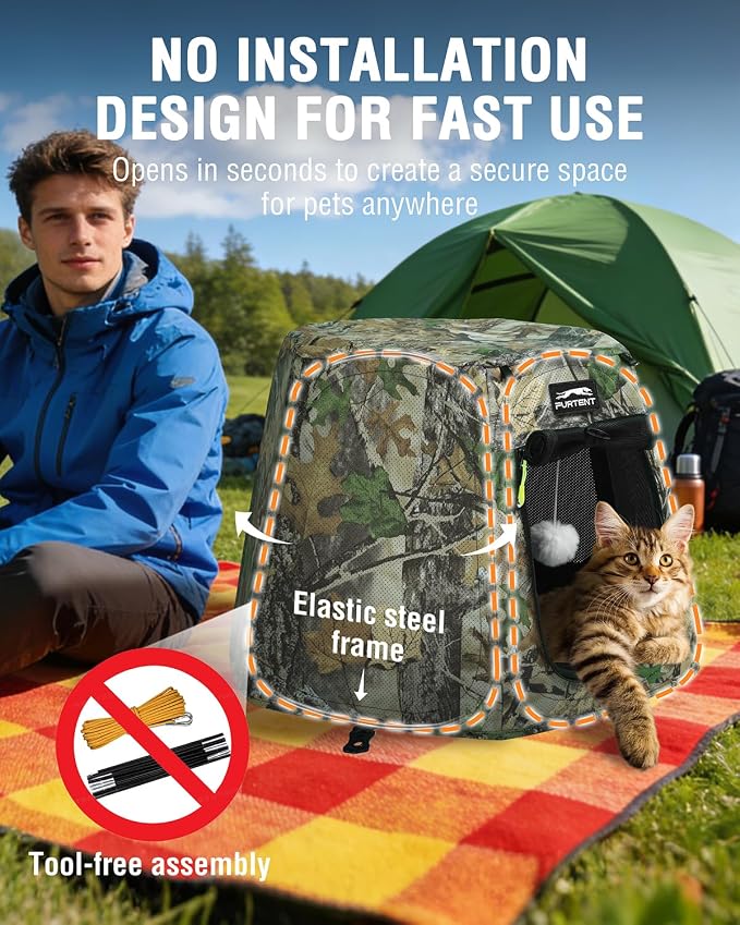 Portable Assembly-Free Cat Pop Up Tent, Ventilation Outdoor Indoor Cat House with Detachable Toy Ball, Sunshade Camping Pet Tent for Cats with Non-Slip Cushion Up to 15LB