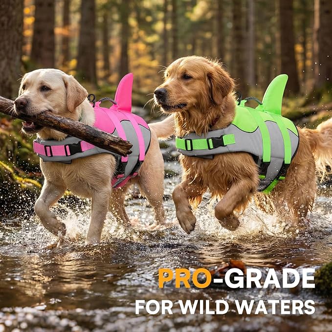 Dog Life Jacket Ripstop Shark Dog Safety Vest Adjustable Preserver with High Buoyancy and Durable Rescue Handle for Small,Medium,Large Dogs, Green Shark X-Small