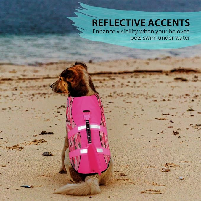 Dog Life Jacket Ripstop Dog Shark Safety Vest Adjustable Preserver with High Buoyancy and Durable Rescue Handle for Small,Medium,Large Dogs, Pink Camouflage Large