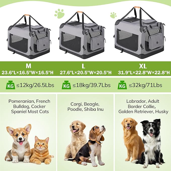 Morpilot 32-inch Portable Collapsible Dog Crate for Dogs up to 70lbs | Travel Dog Crate Soft-Sided for Medium Large Dogs, with Foldable Bowl, Shoulder Strap & Storage Pockets, Grey