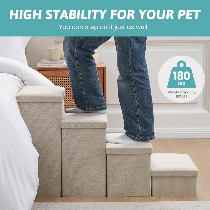 COZY KISS Dog Stairs with Storage, 3-Step Wider Sturdy Dog Steps for Small/Medium/Large Dogs and Older Cats, Folding Doggie Ramp for Bed/Couch Hold Up to 180 lbs (16.7" H, Beige)